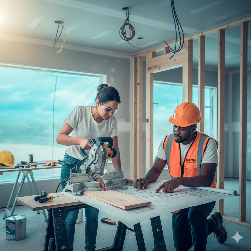 A man and woman renivating a house interior