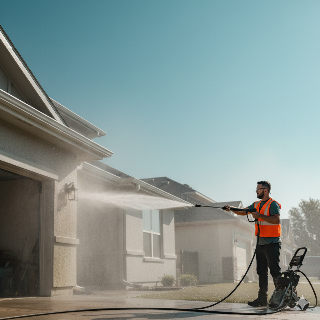 A man power washing a house exterior